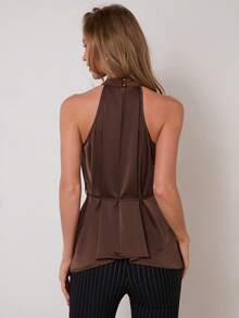 COSMINA Women's Elegant Waist Tie High Collar Ruched Satin Sleeveless Tank Top, Versatile For Commuting And Daily Wear, All Seasons, Chocolate Brown Top, Dark Brown Top , Brown Top Women , Coffee Brown Top - Green - View 2