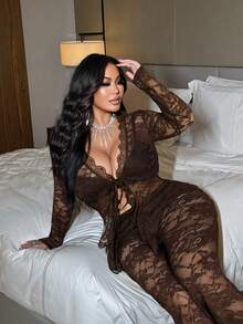 NU&NOW Plus Size Long Sleeve Lace Trim Elegant & Sexy 2 Pieces Set - Coffee Brown - View 1