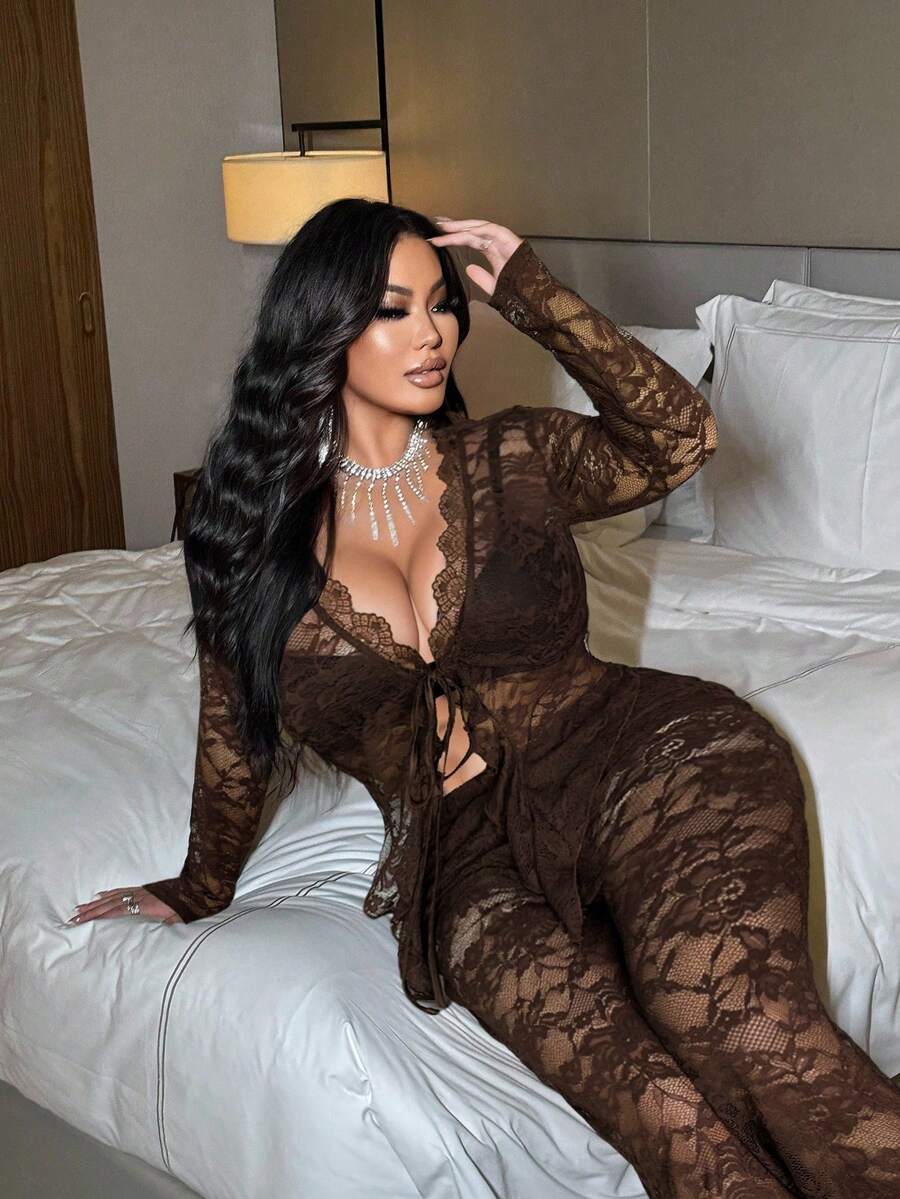 NU&NOW Plus Size Long Sleeve Lace Trim Elegant & Sexy 2 Pieces Set - Coffee Brown - View 1