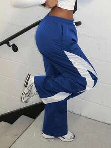 Alexandranx Quần thể thao rộng rãi có dây rút túi màu tương phản, phong cách trở lại trường, đại học - Xanh đậm - Xem 6