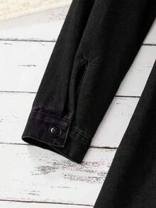 SHEIN Casual Front Button Long Sleeve Tween Girls Denim Dresses, Black Denim Dress, Denim Shirt Dress, Button Down Dress, Jean Dress Fall Winter - Black - View 4