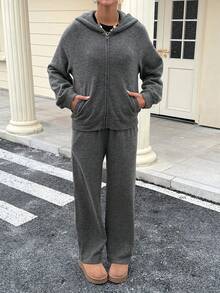 DAZY Ensemble 2 pièces veste à capuche et pantalon de couleur unie décontractée pour femmes, automne