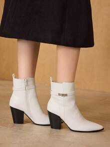 MOTF BOTAS DE TOBILLO DE TACÓN GRUESO DE PUNTA FINA PARA MUJER - Blanco - Ver 4