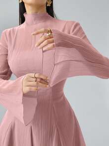 Heiryn Women's Solid Color Stand Collar Raglan Flare Sleeve Ruched Waist Elegant Mini Dress - Pink - View 6