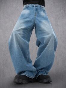 Manfinity Denimwave Herren einfarbige Jeans im täglichen Stil, schlichte blaue Cargo Jeans in weiter Passform mit Waschung, als Geschenk für Ehemann oder Freund - Blau - Übersicht 3