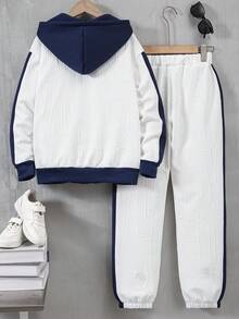 2pcs/Set Boys' Vacaura Outfit, Fashion Textured Letter Hoodie Jacket And Casual Drawstring Pants, Suitable For Spring, Autumn And Winter