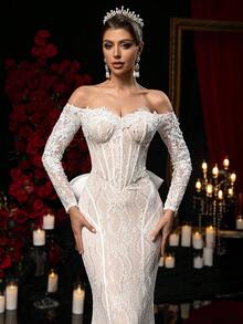 Glamrae Off-Shoulder Long Sleeve Backless Exaggerated Bow Decor Fitted Sexy Dress, Wedding Gown - White - View 5