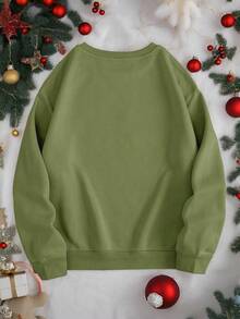 INAWLY Christmas Women Cartoon Dog Print Thermal Lined Crew Neck Sweatshirt, Casual For Autumn/Winter Pullover Fall - Army Green - View 2