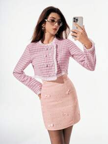 Chiquease Women's Houndstooth Print Double-Breasted Elegant Long Sleeve Jacket