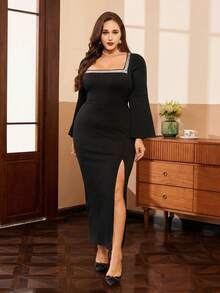 SHEIN Clasi 大码女式亮片拼接喇叭袖修身连衣裙 - 黑色 - 查看 6