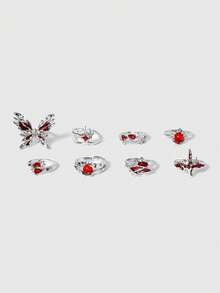 ROMWE 8PCS Asymmetrical Red Crystal Glass Heart Aesthetic Rings For Women Y2K Gothic Animal Spider Ring Creative Grunge Jewelry Accessories Valentines,Mom,Mother,Mother's Day,Gift - 8-piece Ring Set - View 1