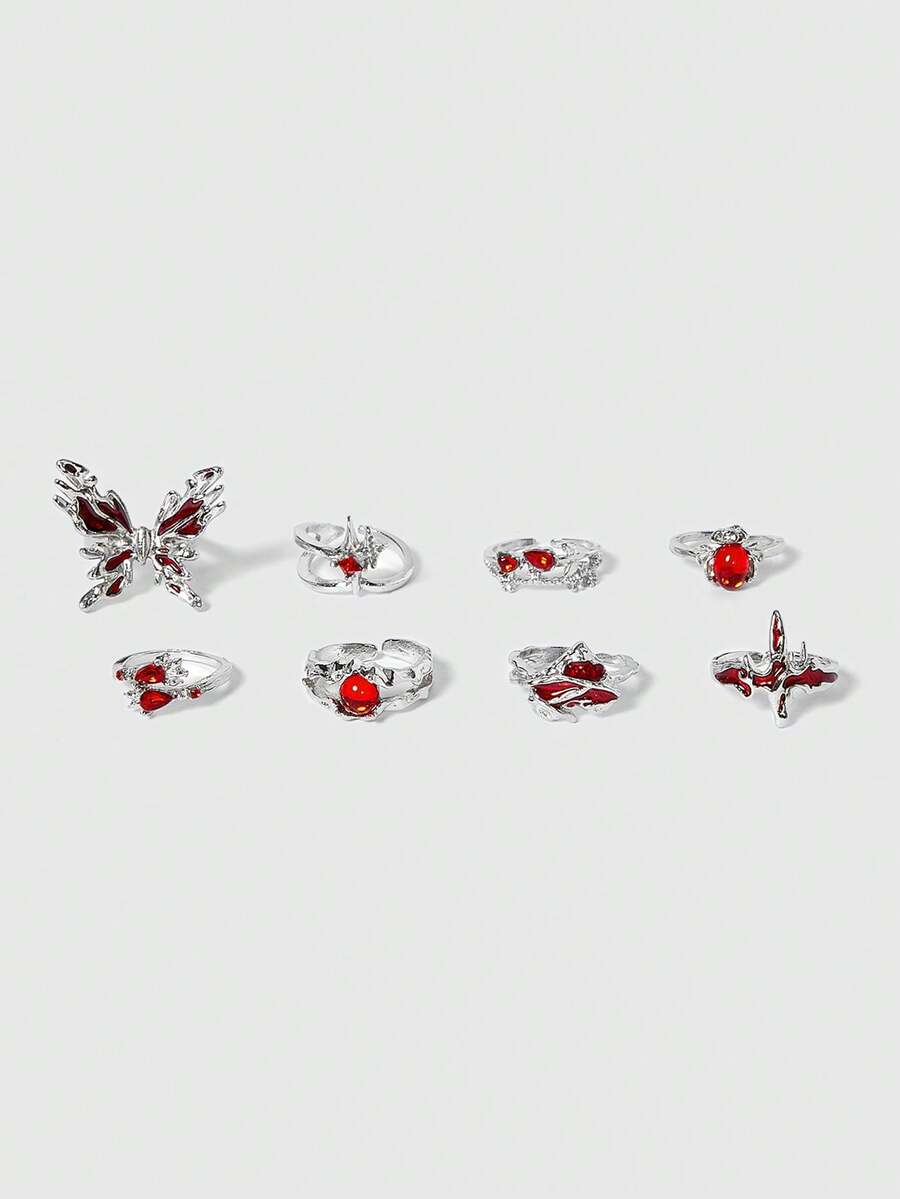 ROMWE 8PCS Asymmetrical Red Crystal Glass Heart Aesthetic Rings For Women Y2K Gothic Animal Spider Ring Creative Grunge Jewelry Accessories Valentines,Mom,Mother,Mother's Day,Gift - 8-piece Ring Set - View 1