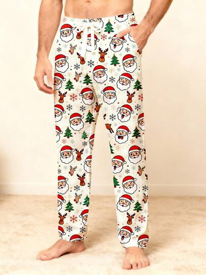 Manfinity Homme Pantalones casuales de hombre con estampado de Papá Noel y renos
