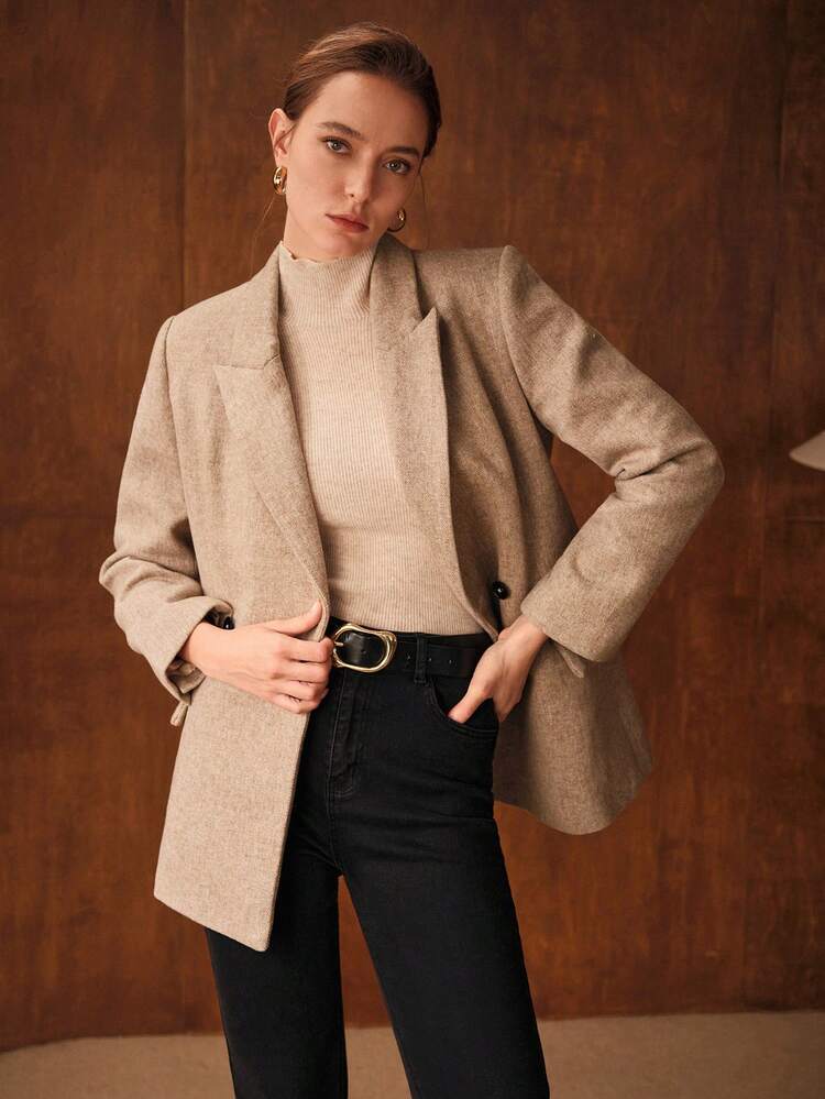 MOTF PREMIUM BLAZER ESTRUCTURADO DE DOBLE BOTONADURA CON CINTURÓN Y CUELLO PICO DE LANA - Albaricoque - Añade 3