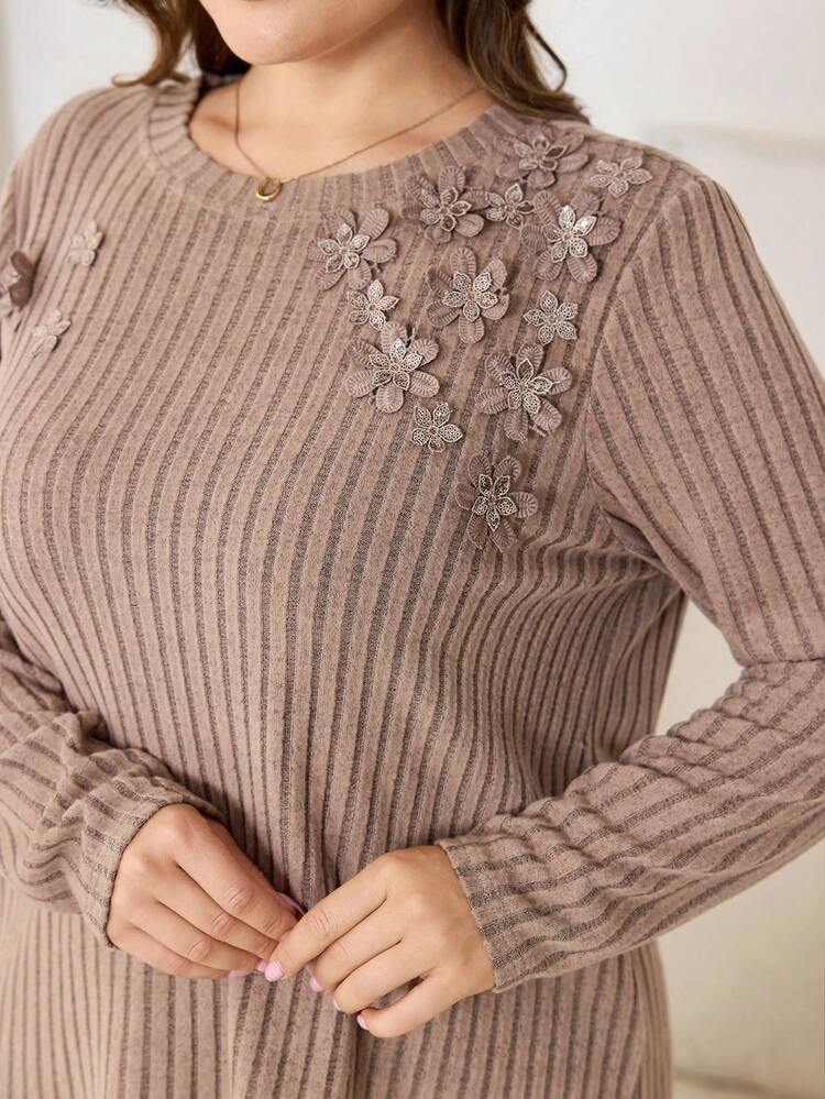 Lacomfia Conjunto de 2 peças com Blusa de Moletom de Gola Redonda de Manga Longa Confortável e Casual para Mulheres Plus Size e Calça de Tricô Elegante - Caramelo - Visão 5