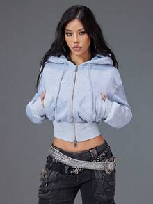 Bloopia Sweatshirt Wanita Polos Model Crop Berkerudung Pas Badan Warna Putih untuk Berenang di Musim Gugur (Basic) - Grey - View 4