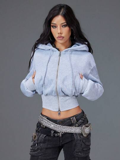 Bloopia 女士纯色修身连帽短款卫衣