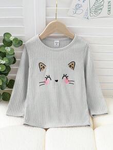 SHEIN 5pcs Young Girls Cute Ribbed Cat Embroidery + Leopard Print Round Neck Long Sleeve T-Shirts