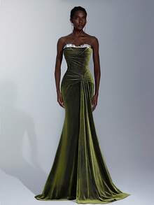 Elitara Elegant Military Green Velvet Bustier Dress,Luxurious Patchwork,Draped Neckline,Ruched Waist,Flounce Hem,Suitable For Dates,Weddings,Formal Occasions - Army Green - View 7