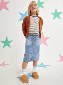 Mini mi #CozySteps Kids' Fabric Suede Tan Platform Clogs With Plush Fur Collar – Warm & Snug Style For Everyday Adventures