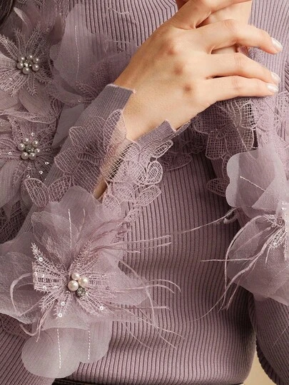 Anewsta Pulover elegant cu mânecă lungă, cu guler pâlnie, cu mărgele, flori 3D, mărime mare, pulover de Crăciun pentru Ziua Recunoștinței, toamnă/iarnă