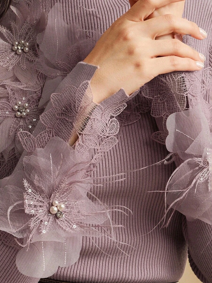 Anewsta Áo len dài tay thanh lịch cổ tròn đính hạt 3D dành cho nữ, áo chui đầu Giáng sinh cho Lễ Tạ ơn, Mùa thu/Đông - Bụi hồng - Xem 1