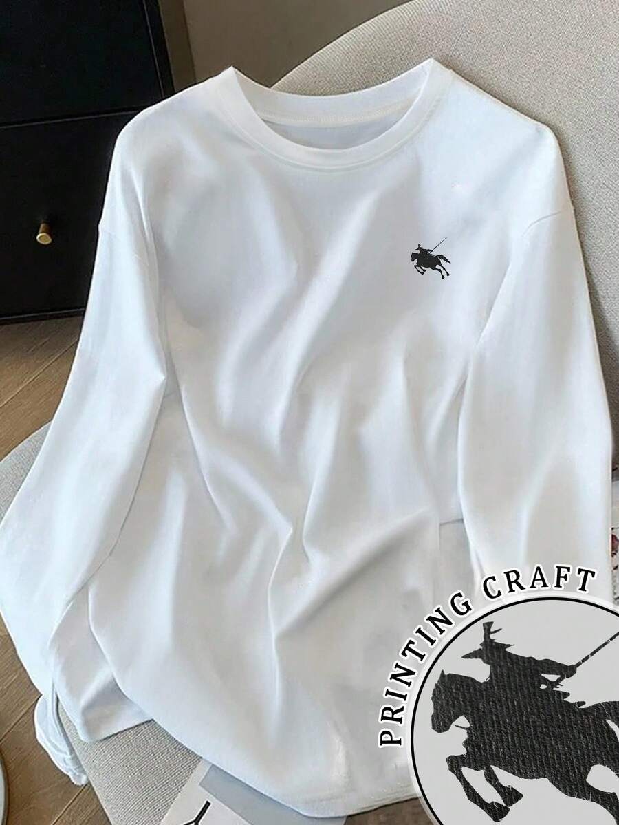 Resyla New Knight Print Casual Loose Long Sleeve T-Shirt, Autumn - White - View 1