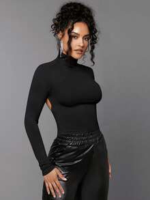Silquee Hollow Out Back Design Half High Neck T-shirt For Women - Black - View 5