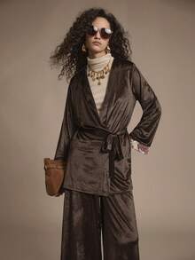 Chiquease 2pcs Women Casual Brown Patchwork Sleeve Jacket And Pants Set, Autumn Party Season - Brown - View 1