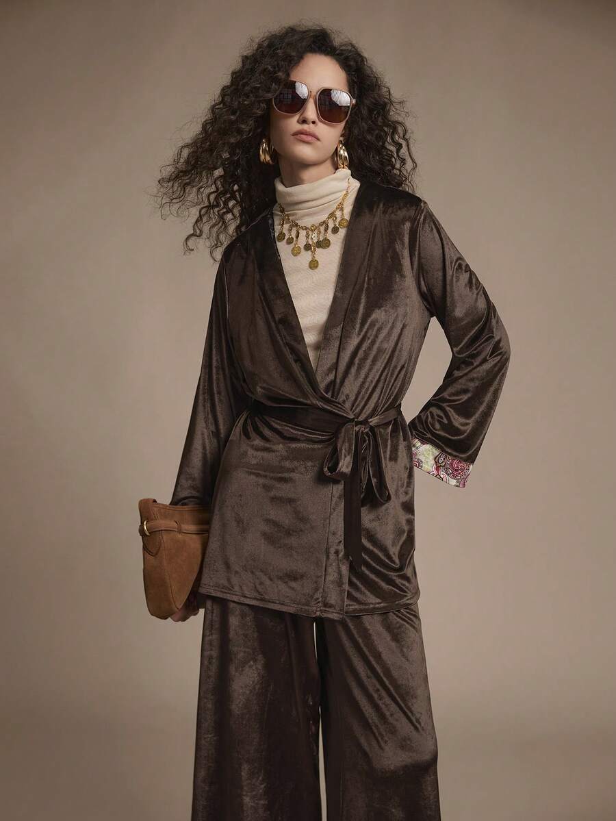 Chiquease 2pcs Women Casual Brown Patchwork Sleeve Jacket And Pants Set, Autumn Party Season - Brown - View 1