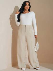 SHEIN Tall CURVE 大码女士浅米色西装裤，通勤优雅约会工作裤，商务休闲女士 - 杏色 - 查看 5