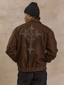 Musero Oversized PU Leather Bomber Jacket Detailed Pearl Style Back Artwork Zip Through Hidden Placket Jacket SPRING SUMMER - Brown - View 4