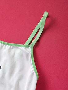 THE POWERPUFF GIRLS X SHEIN 女士可爱卡通字母印花撞色包边吊带背心和内裤套装 - 白色 - 查看 5