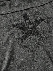 ROMWE Grunge Punk Plus Size Vintage Off Shoulder Star Pattern Long Sleeve T-Shirt - Grey - View 3
