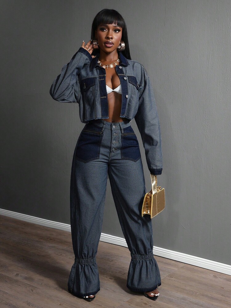 Slaydiva Women's Summer Casual Contrast Color Front Button Frayed Hem Cropped Denim Jacket - Blue - View 6