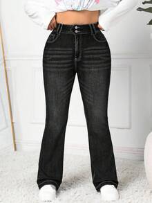 SHEIN PETITE CURVE 大码女式蓝色喇叭牛仔裤 - 黑色 - 查看 3