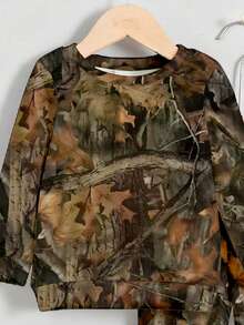 2 件套年轻男孩树叶印花圆领长袖运动衫和运动裤休闲宽松套装，秋冬 - 卡其色 - 查看 5