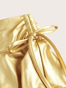 SHEIN MOD Chân váy hai lớp thắt nơ rút dây thường ngày cho nữ, chất liệu PU, màu vàng - Vàng - Xem 4