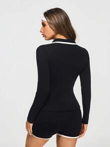SHEIN Sports Regular Contrast Color Button Slim Fit Sports Long Sleeve Polo Shirt - Black - View 2