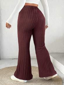 SHEIN EZwear 大码女式纯色松紧腰罗纹喇叭裤 - 卡其色 - 查看 2