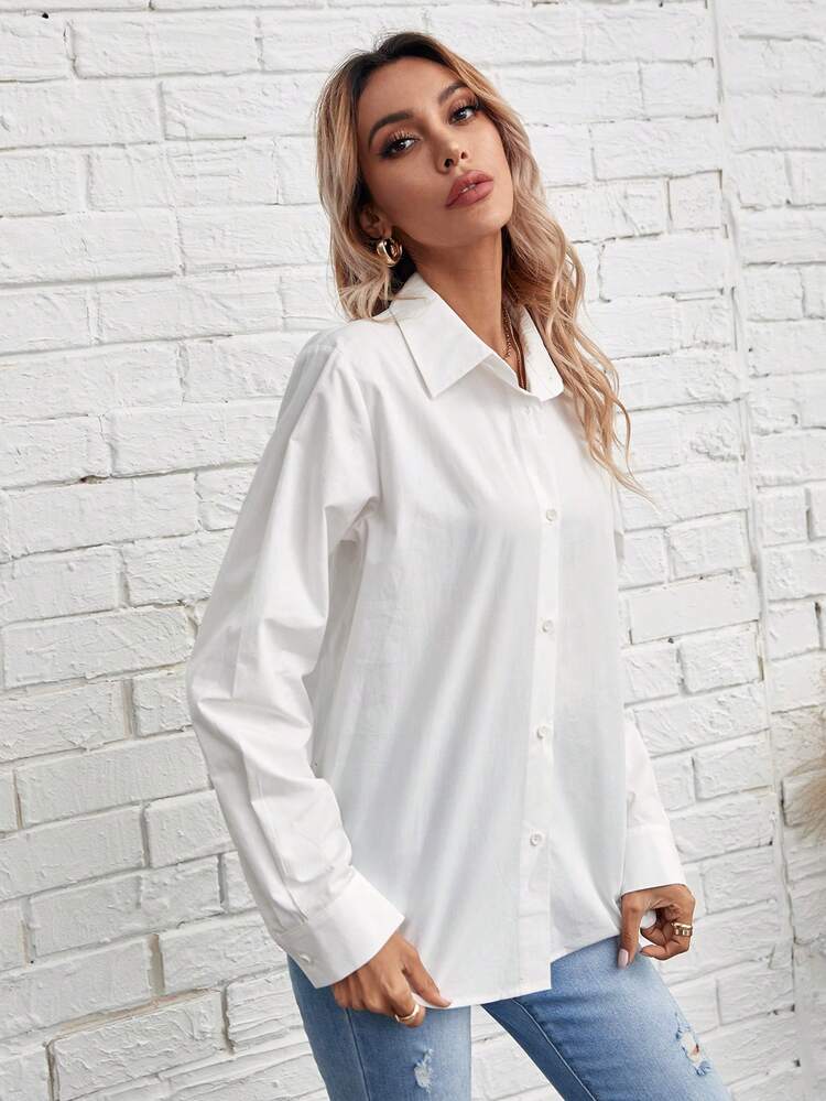 Solid Button Front Shirt,Long Sleeve Tops Winter White Casual Spring