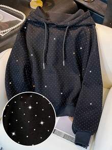 Resyla Sparkly Rhinestone Embellished Women's Regular Hooded Long Sleeve Sweatshirt, Great Gift For Friends, Autumn/Winter - Black - View 1