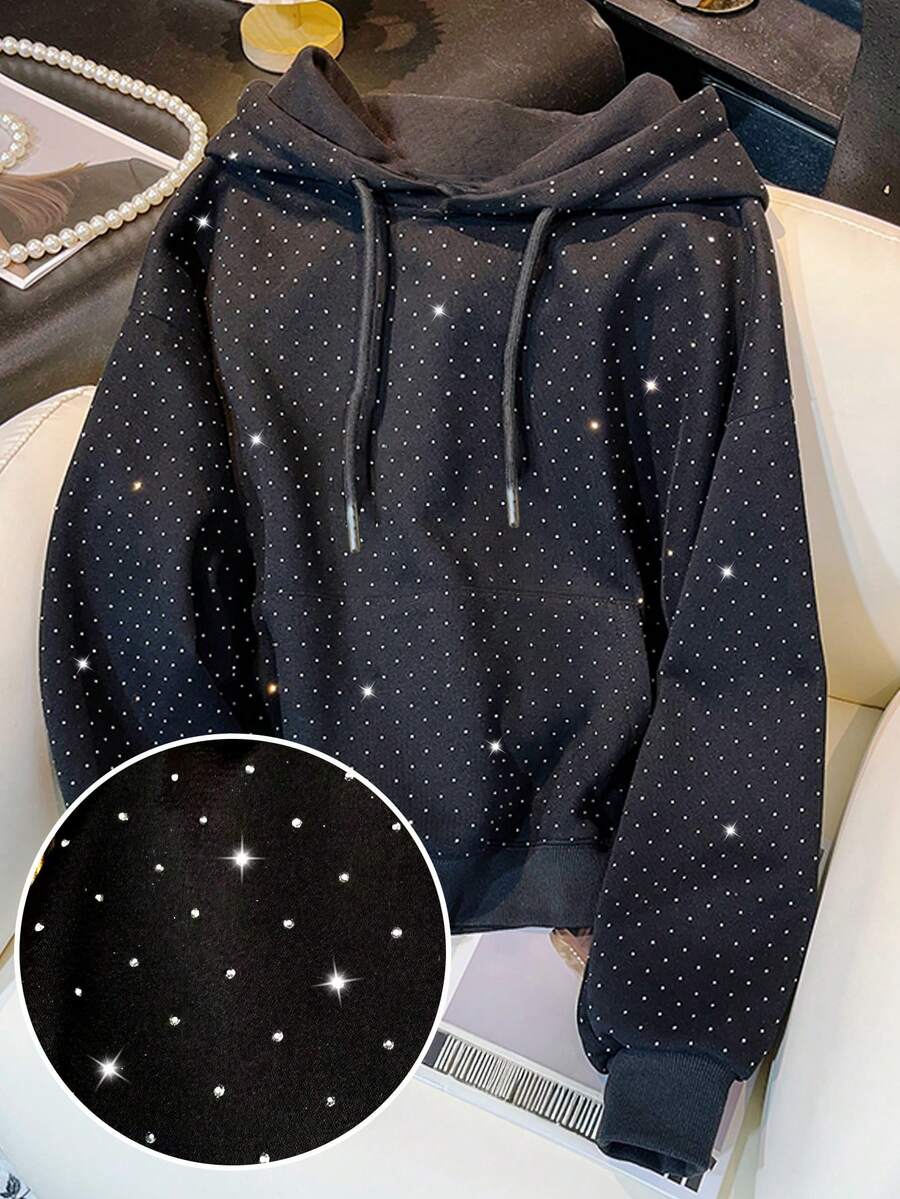 Resyla Sparkly Rhinestone Embellished Women's Regular Hooded Long Sleeve Sweatshirt, Great Gift For Friends, Autumn/Winter - Black - View 1