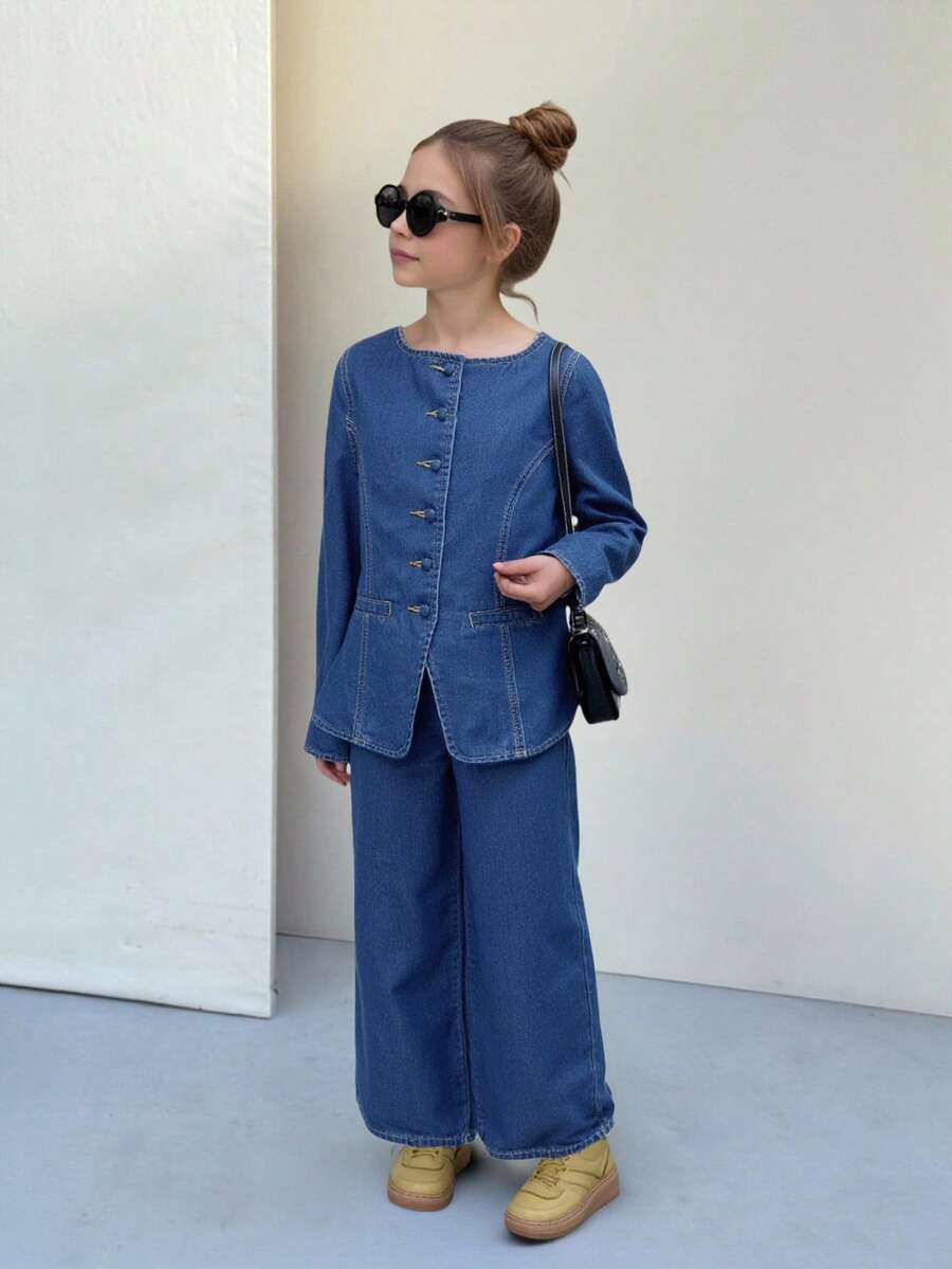 SHEIN Tween Girls Fashion Long Sleeve Button-Up Denim Shirt & Pants Set Girls Spring And Autumn Suit Two Pieces Denim Set - Dark Wash - View 1