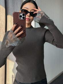 DAZY Women Lace Patchwork Fitted Long Sleeve Pullover Sweater,Fall Clothes