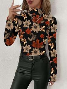 SHEIN Clasi 休闲复古成熟百搭深棕色豹纹图案女士修身长袖打底T恤，秋冬季穿着舒适 - 彩色 - 查看 4