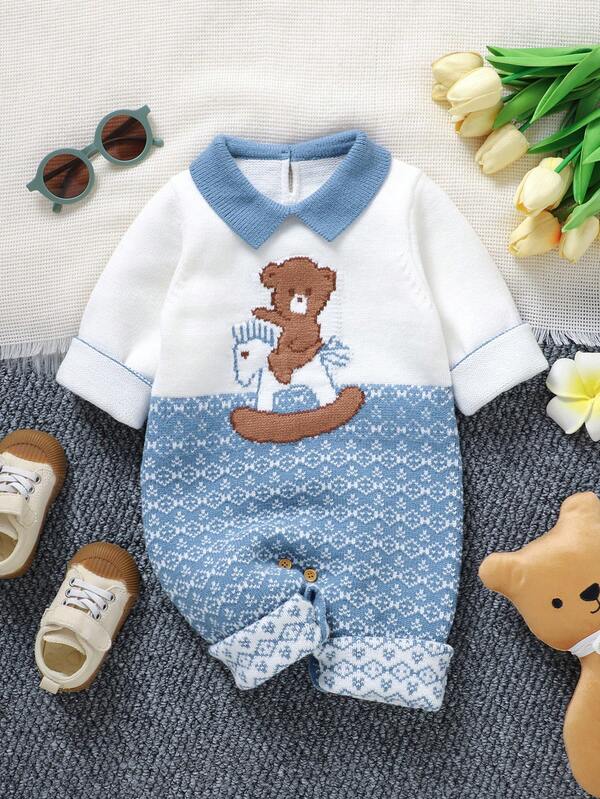 1 Stück süßer Kleinkind-Strickanzug in Blau mit Fair-Isle-Muster, Karussell-Stickerei und Peter-Pan-Kragen, Langarm-Sweater-Romper