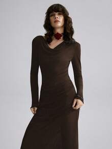 Airlisse 女士优雅U领连帽修身薄纱长袖连衣裙，适合派对穿着 - 棕色 - 查看 3