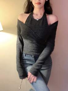 DAZY Áo thun nữ tay dài cổ yếm trơn màu 2 trong 1, phong cách thanh lịch cho mùa thu/đông - Xám - Xem 4