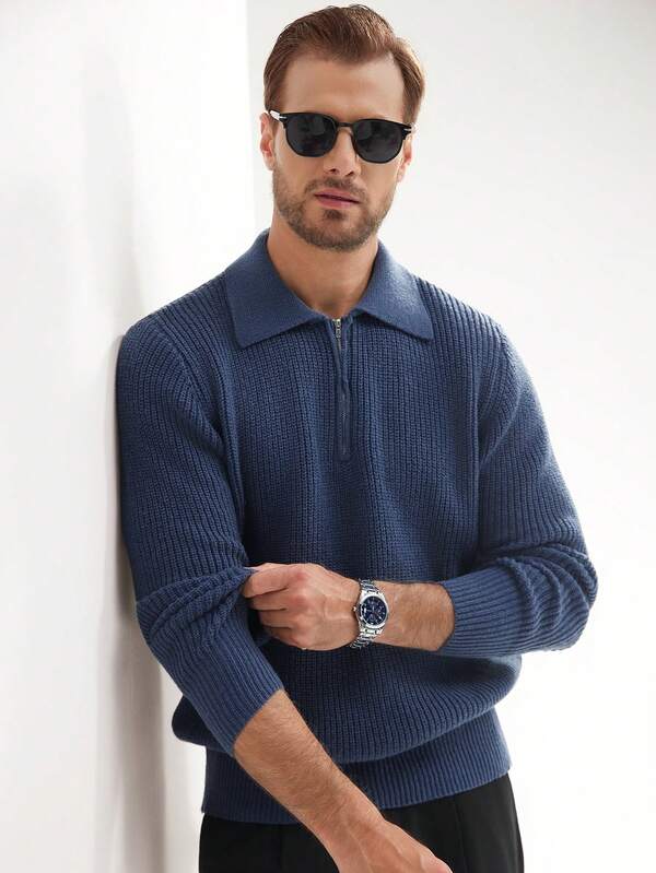 Manfinity Mode Men's Solid Color Half-Zipper Collar Sweater, Fall/Winter